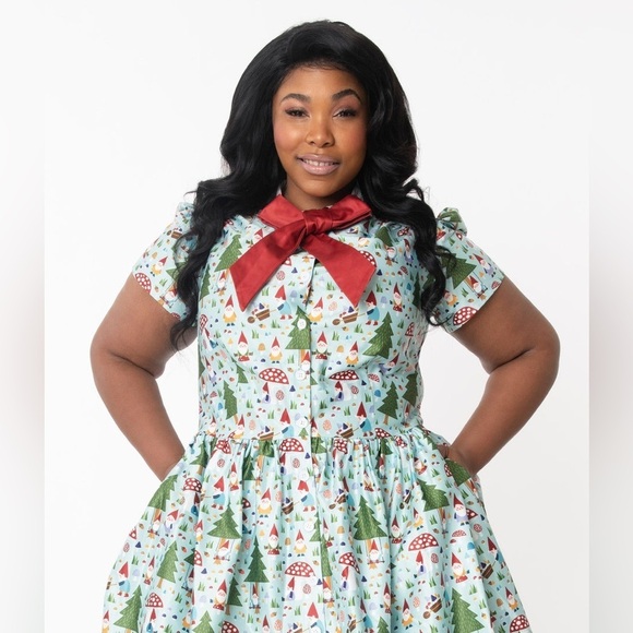 NWOT Unique Vintage Cora Swing Dress – Forest Gnome Christmas Scene Sz 3X - Picture 3 of 14